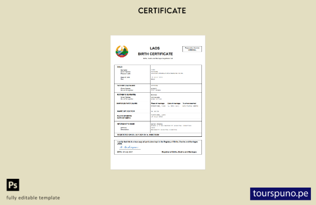 listo para imprimir certificado de nacimiento de Laos Plantilla en Word y PDF